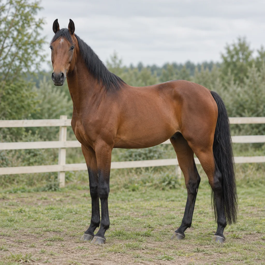 Bruin paard met zwarte manen, staart en onderbenen staat volledig in beeld bij een houten omheining.