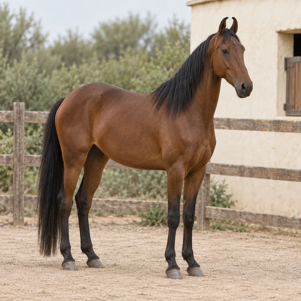 Bruin paard met zwarte manen, naar binnen gebogen oren en vier zichtbare hoeven in een omheinde paddock.