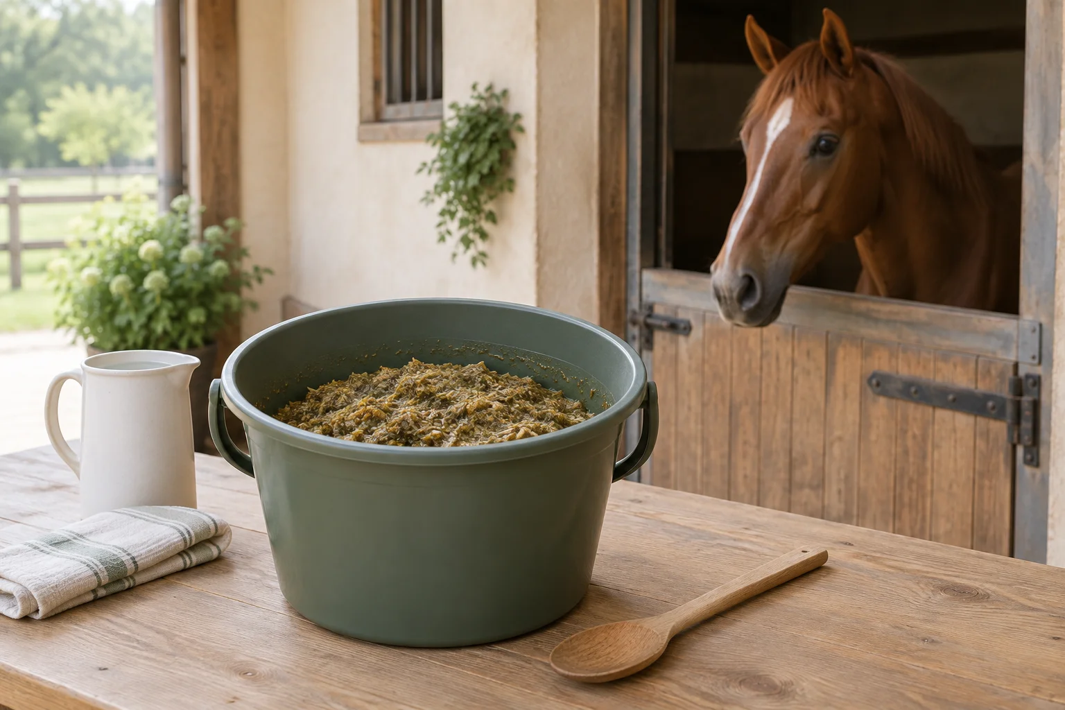 Emmer met vochtige slobber op een houten tafel, naast een waterkan, doek en houten lepel. Een voskleurig paard kijkt vanuit de stal toe.