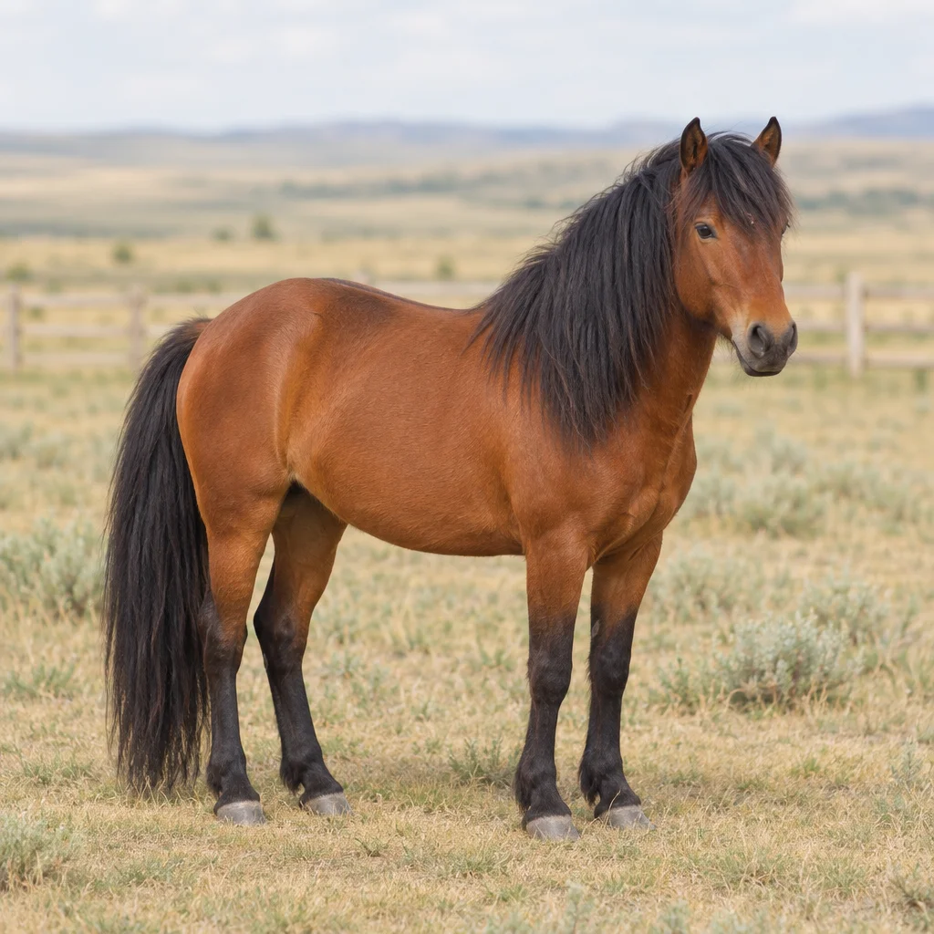 Illustratie van een compact bruin Mongools paard met donkere manen, staart en onderbenen op een grasvlakte.