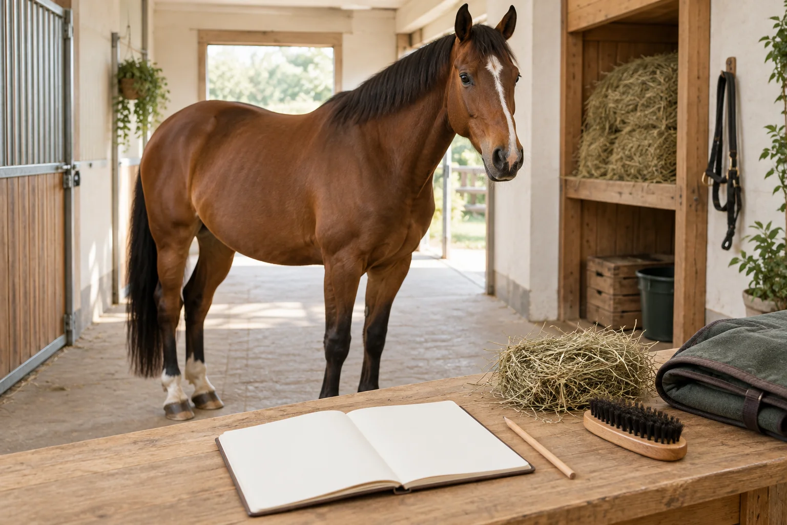 Bruin paard in een stalgang, met op een houten tafel een leeg notitieboek, potlood, hooi, borstel en deken.