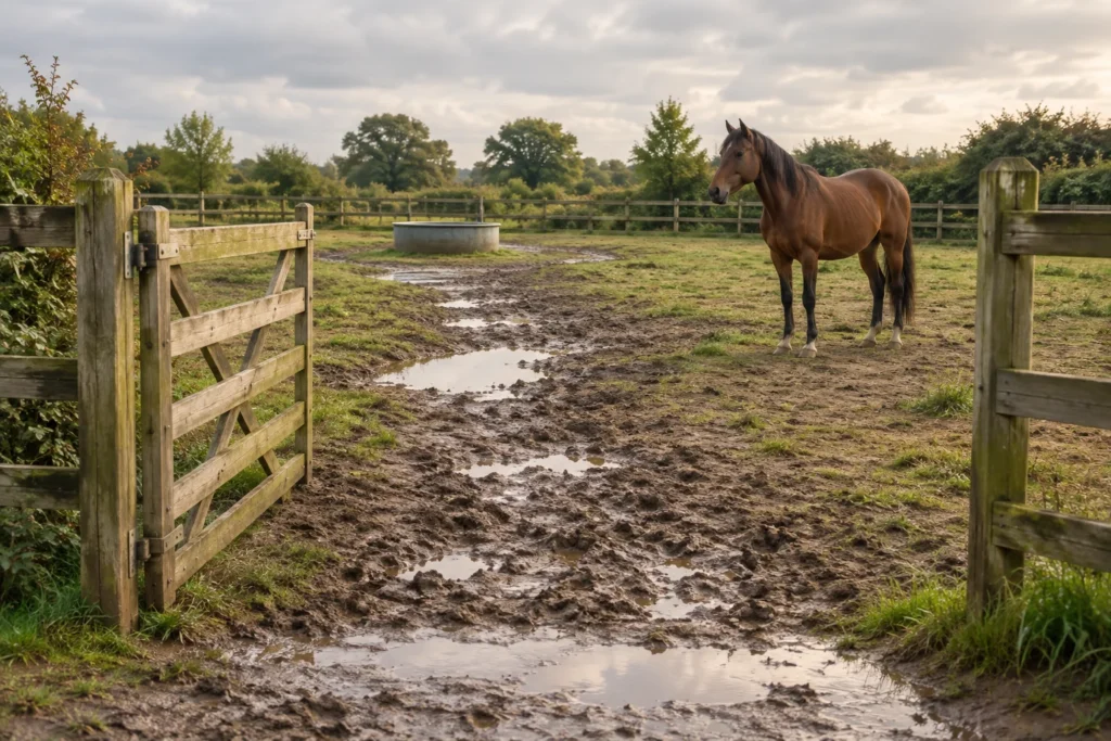 Een bruin paard staat in een omheinde uitloop naast een modderige route met plassen bij de open poort.