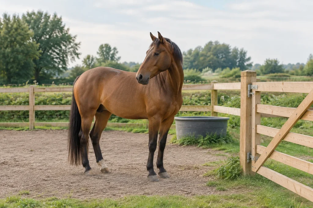 Bruin paard staat op een droge paddockbodem naast een houten hek en een waterbak.