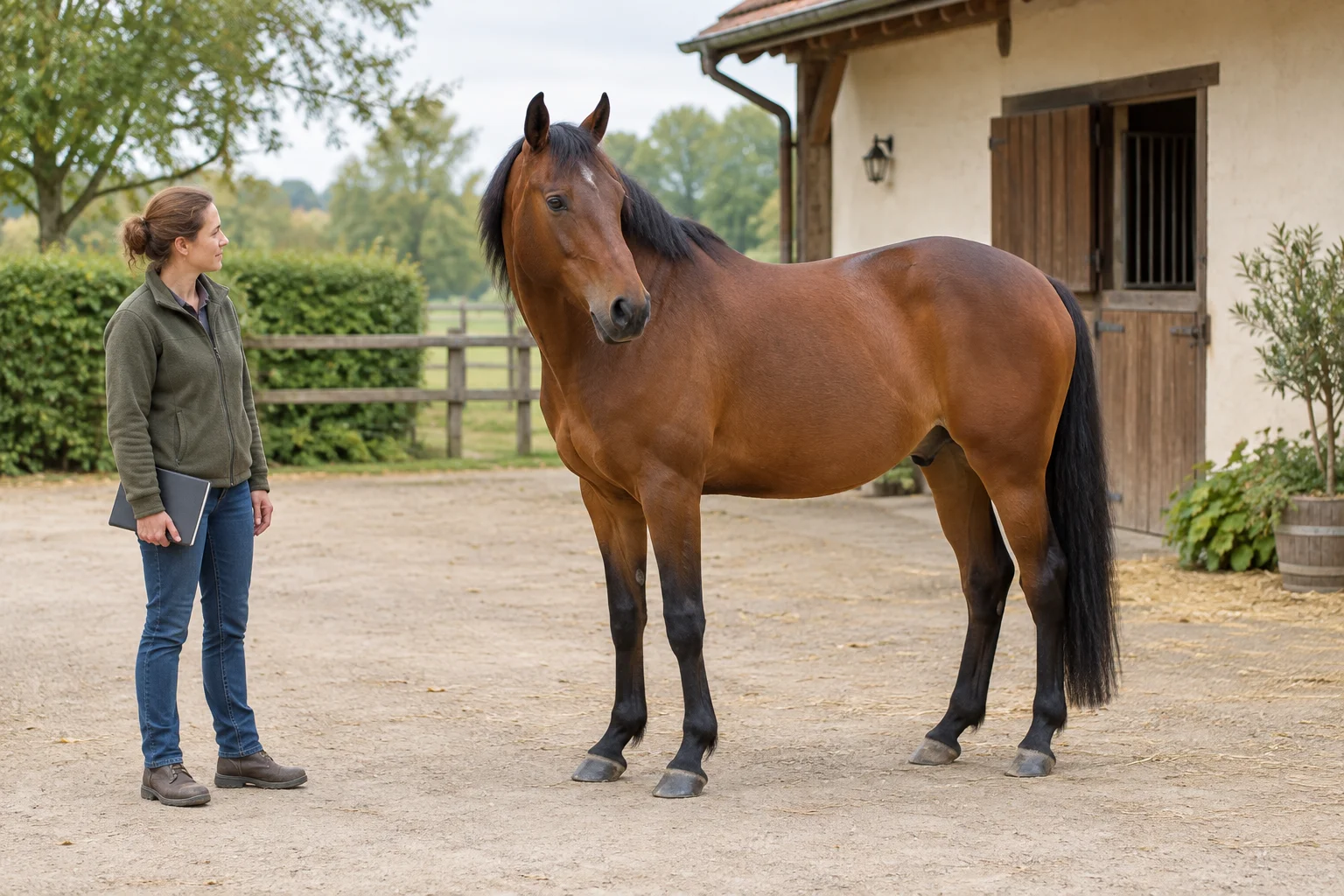 Een bruin paard staat op een erf bij een stal. Een vrouw kijkt naar het paard en houdt een gesloten notitieboek vast.
