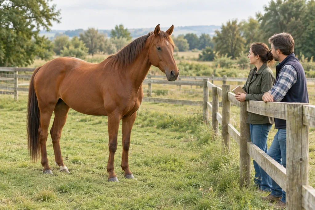 Een bruin paard staat in een grasweide bij een houten hek. Twee mensen kijken naar het paard; een van hen houdt een gesloten notitieboekje vast.
