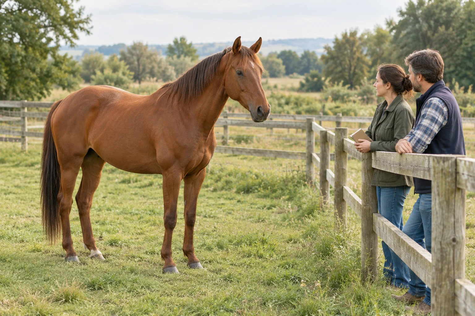 Een bruin paard staat in een grasweide bij een houten hek. Twee mensen kijken naar het paard; een van hen houdt een gesloten notitieboekje vast.