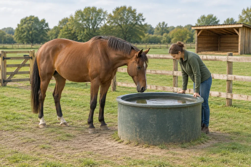 Een vrouw bekijkt het water in een drinkbak naast een paard in een omheinde weide. Op de achtergrond staat een schuilstal.