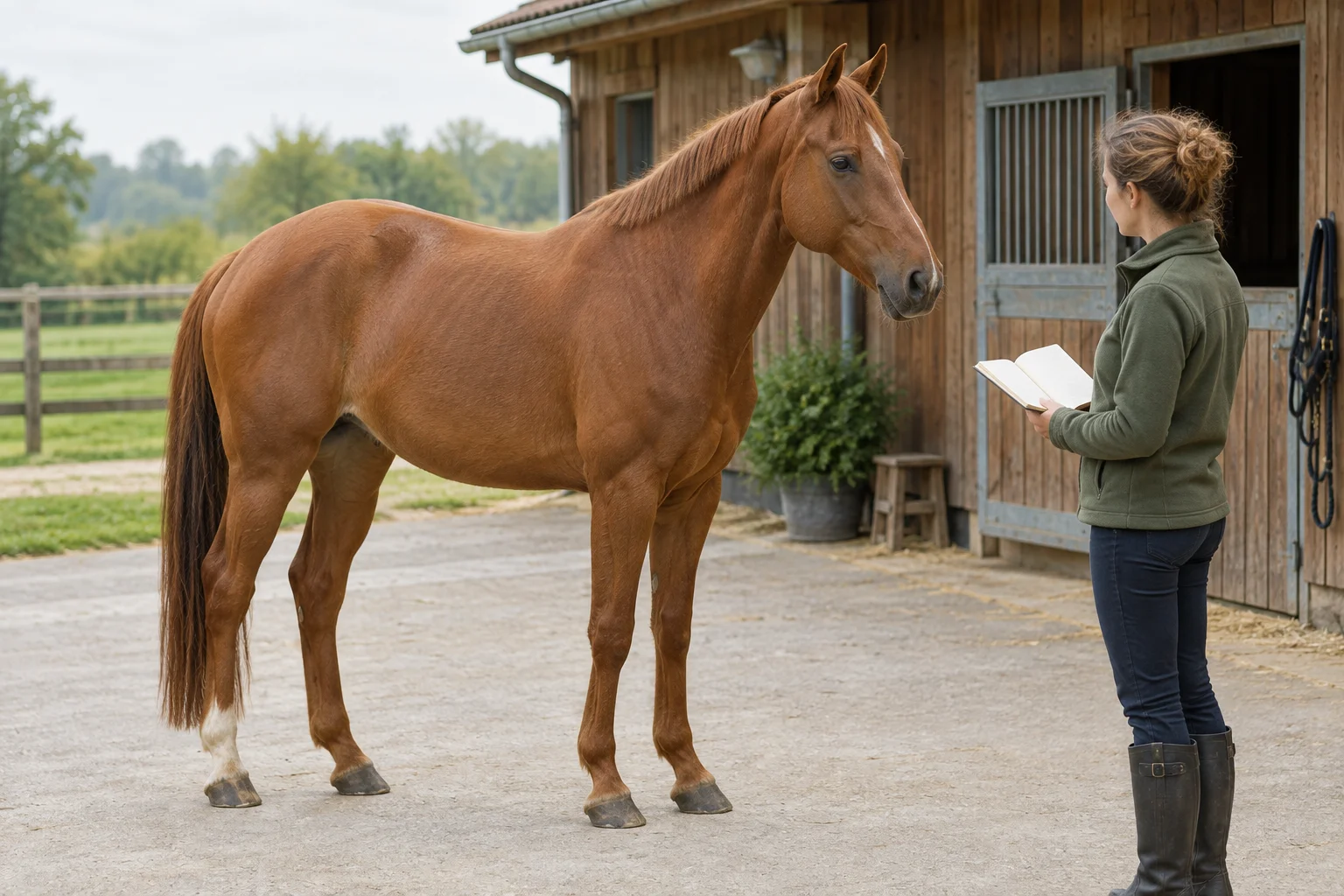 Een voskleurig paard staat op het erf naast een vrouw met een open notitieboek.
