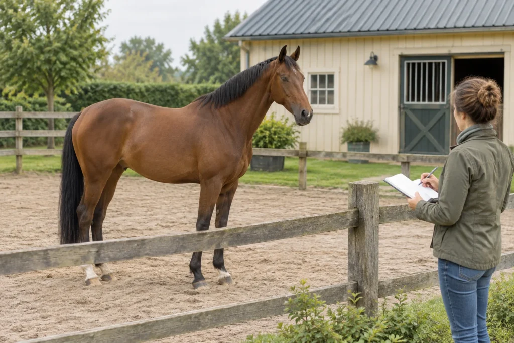 Een bruin paard staat in een paddock terwijl een persoon aan de andere kant van het hek in een notitieboek schrijft.