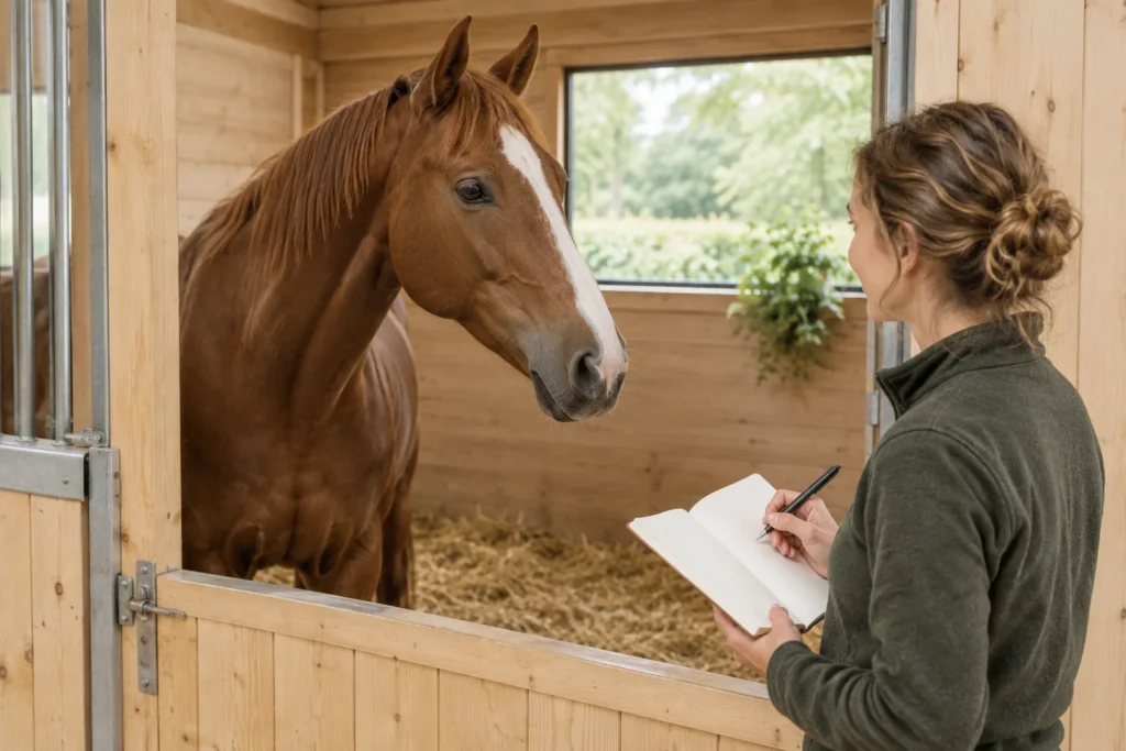 Een vrouw maakt aantekeningen in een notitieboek naast een bruin paard in een stal.