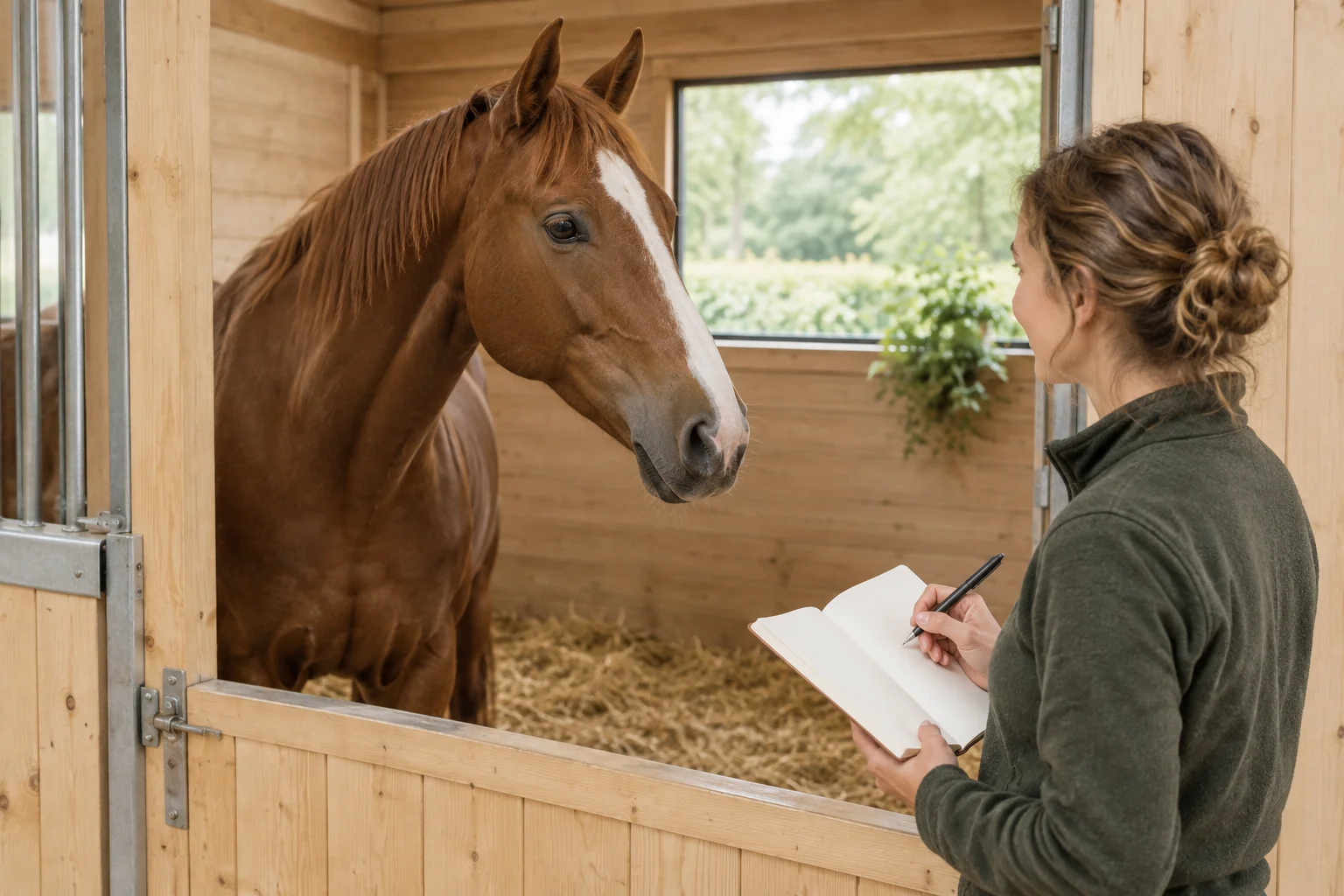 Een vrouw maakt aantekeningen in een notitieboek naast een bruin paard in een stal.
