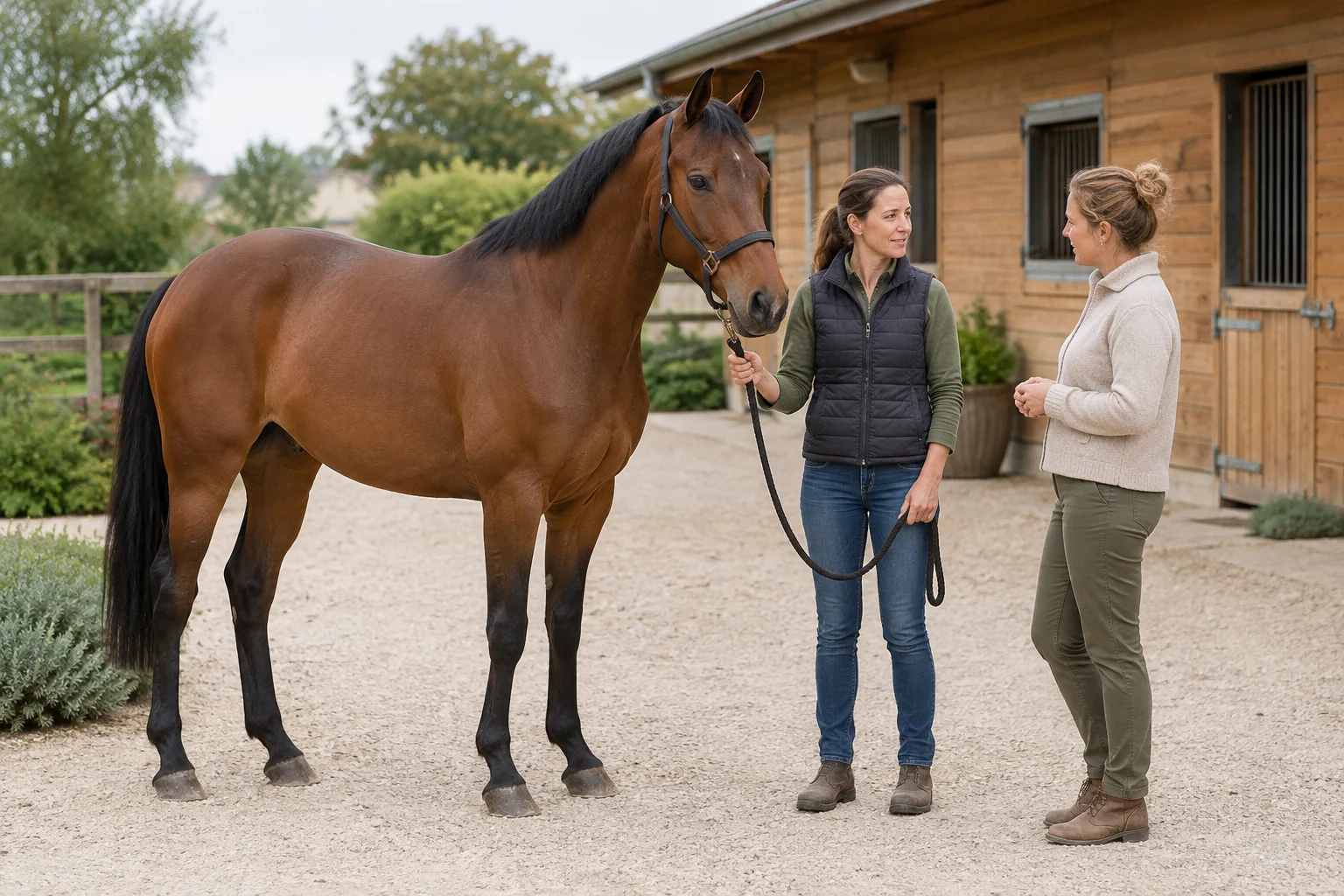 Bruin paard met zwart halster staat op een erf bij een houten stal. Een vrouw houdt het halstertouw losjes vast en praat met een andere vrouw.