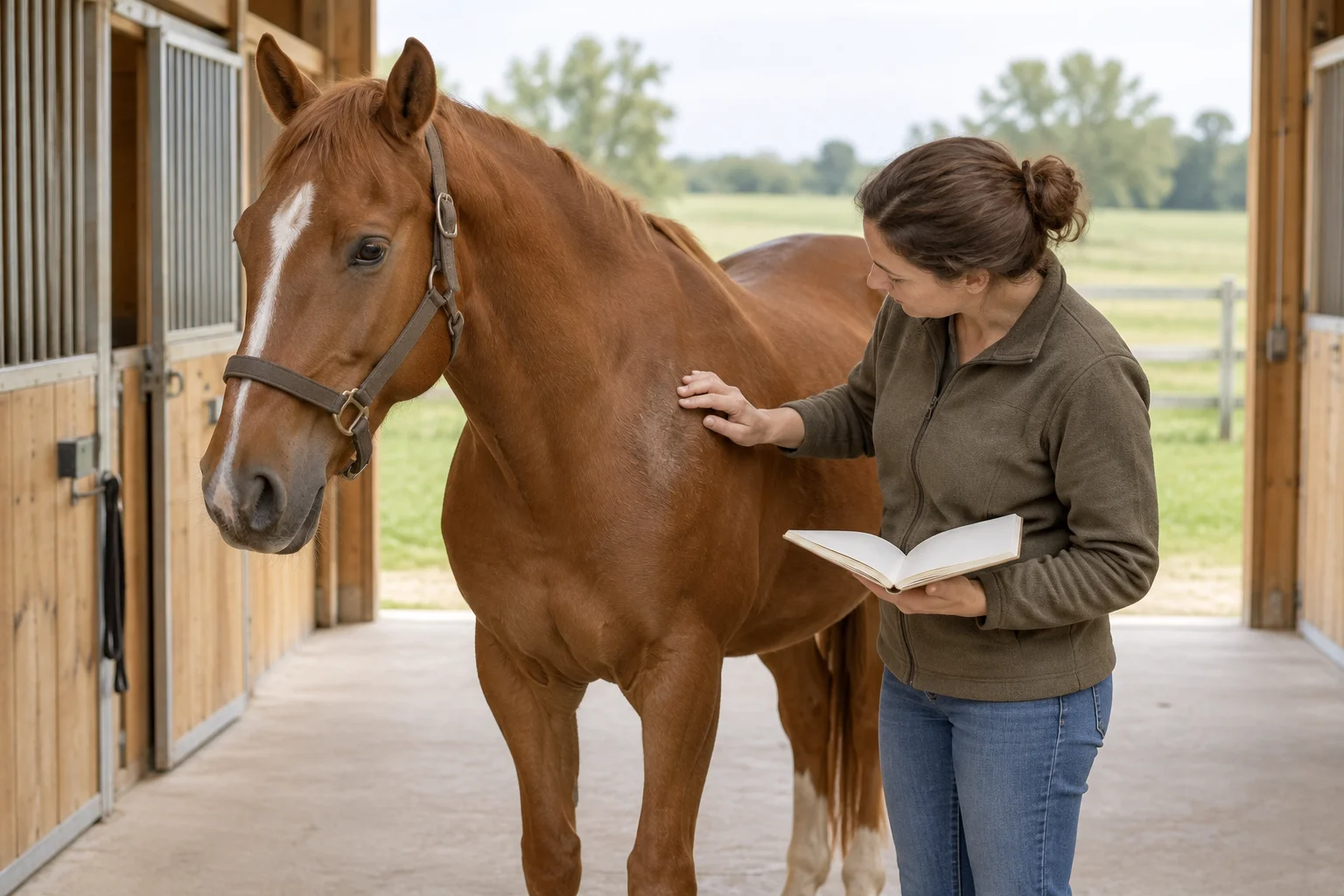 Een vrouw bekijkt de schouder van een voskleurig paard en houdt een open notitieboek vast in een stalgang.
