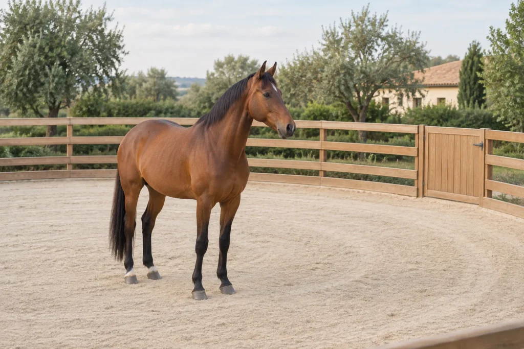 Bruin paard staat op zand binnen een ronde houten omheining met een gesloten poort.