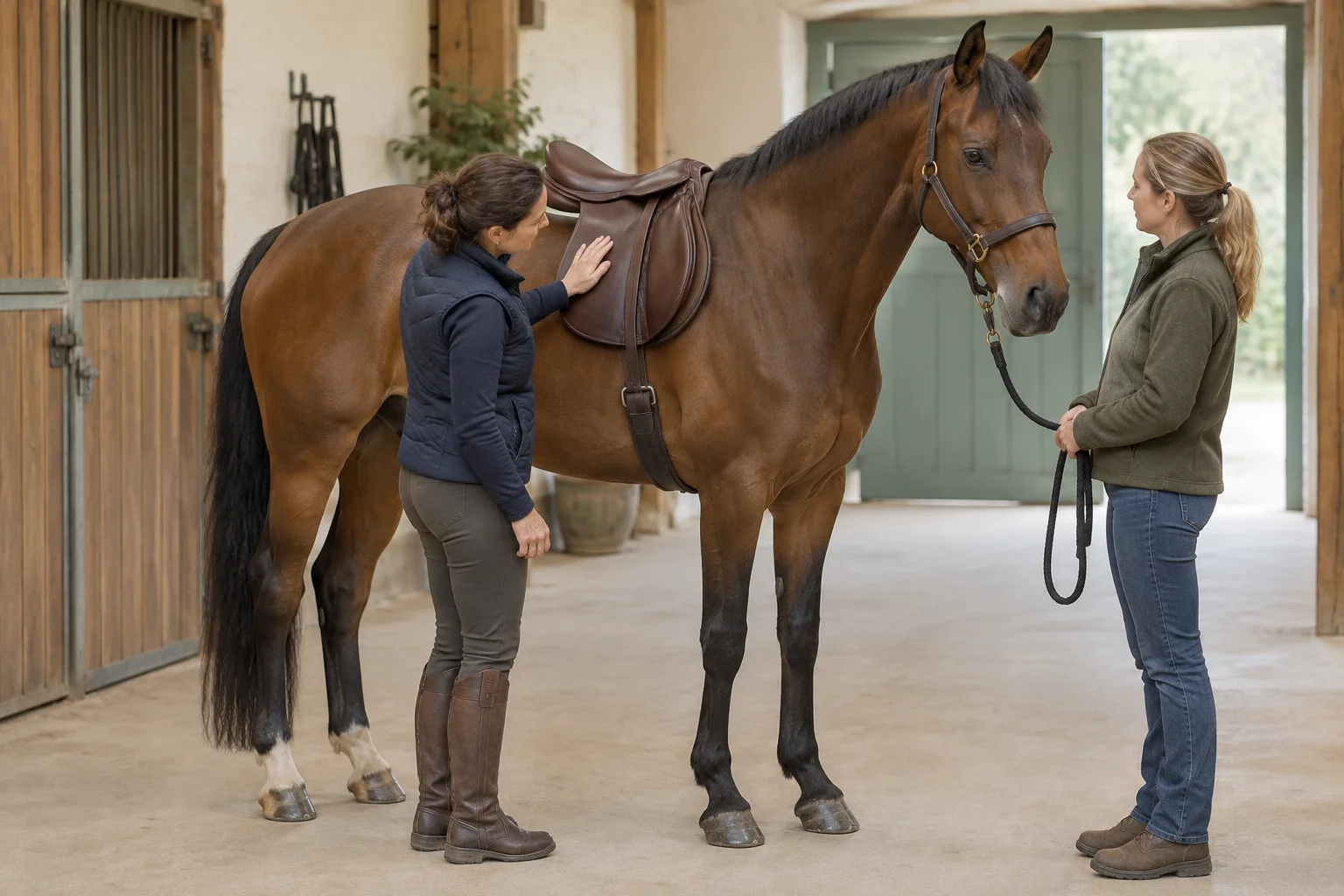 Een vrouw controleert het zadel op de rug van een bruin paard, terwijl een ander het paard vasthoudt in een stalgang.
