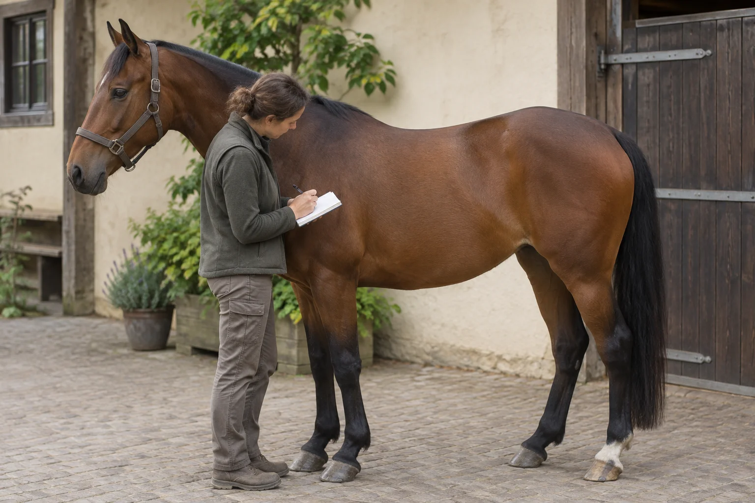 Een bruin paard staat bij een stal terwijl een persoon ernaast aantekeningen maakt op een klembord.