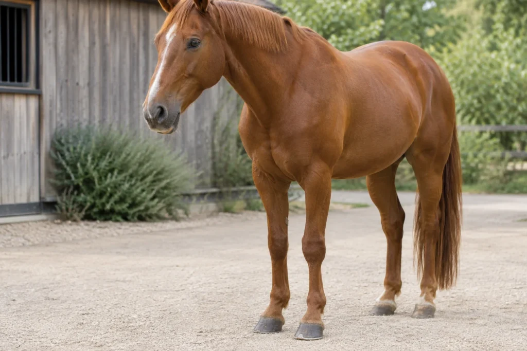 Bruin paard staat op een erf bij een houten stal. Onder een voorhoef is de rand van een hoefijzer zichtbaar.