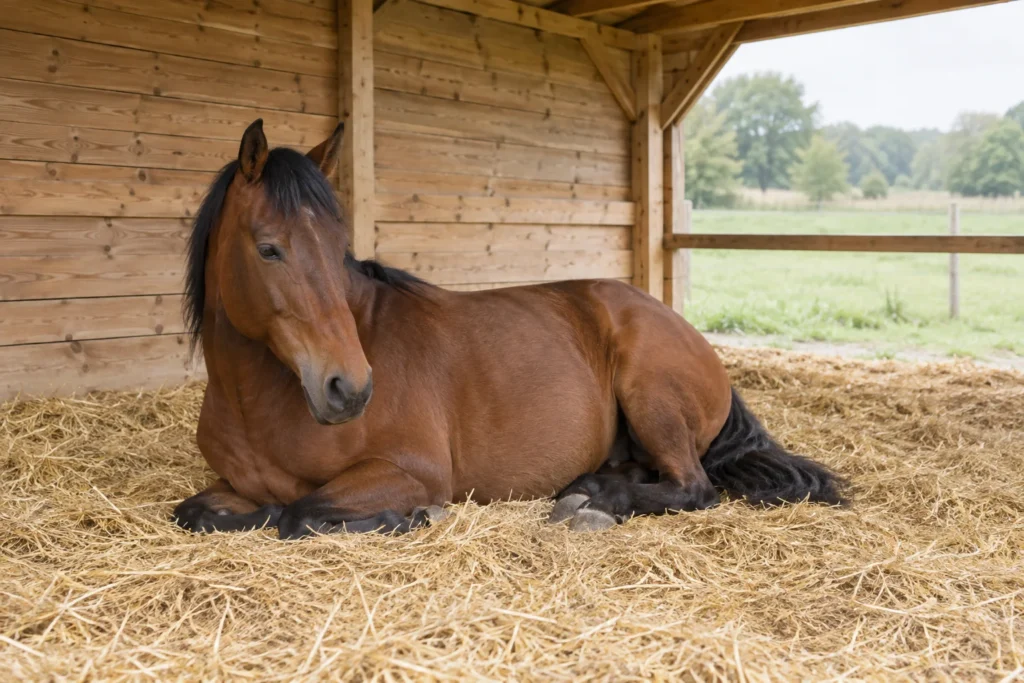 Bruin paard ligt met opgerichte kop op stro in een houten schuilstal, met een groene weide op de achtergrond.