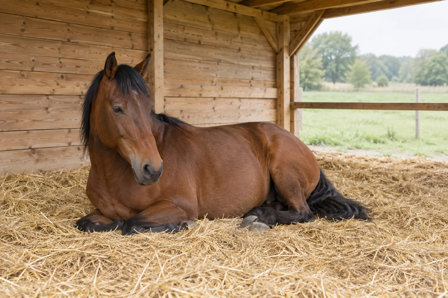Bruin paard ligt met opgerichte kop op stro in een houten schuilstal, met een groene weide op de achtergrond.
