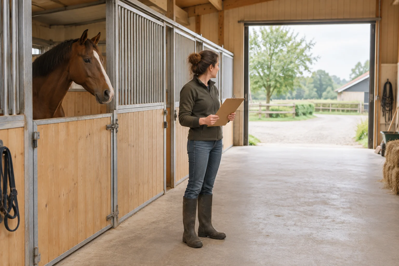 Een persoon met een klembord staat naast een paard in een stal en kijkt door de open uitgang naar buiten.