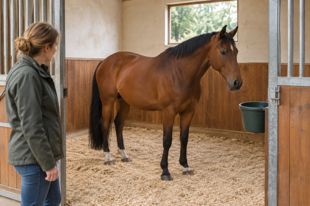 Een bruin paard staat in een stal met lichte bodembedekking. Bij de ingang staat een verzorger; aan de wand hangt een emmer.
