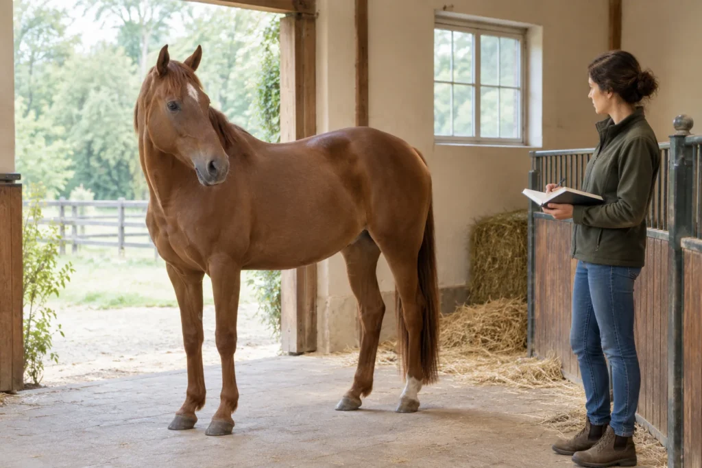 Een bruin paard staat bij een stal terwijl een verzorger op enige afstand met een open notitieboek naar het paard kijkt.