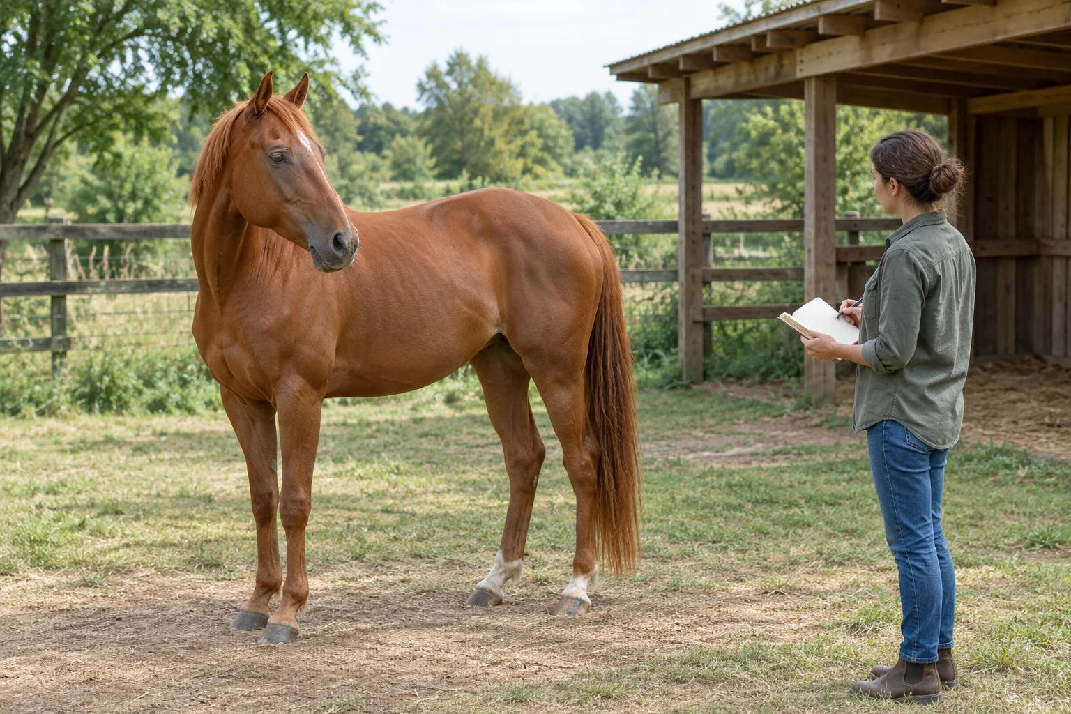 Een voskleurig paard staat bij een houten schuilstal terwijl een verzorgster met een open notitieboek naar het paard kijkt.