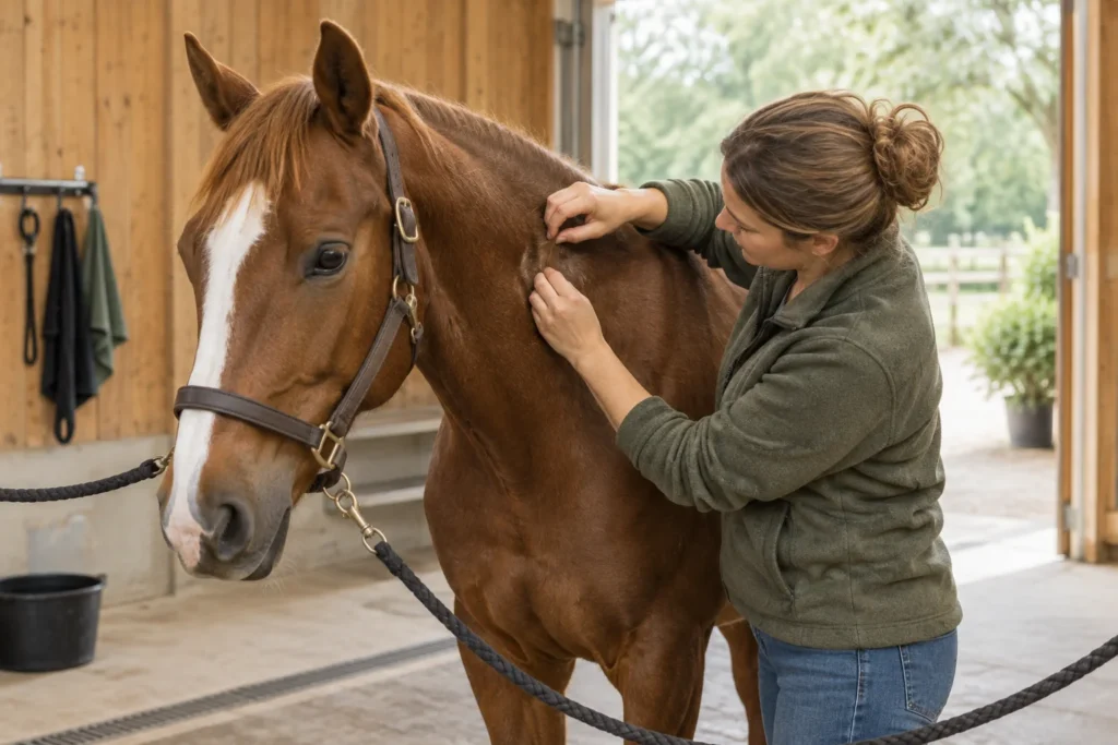 Een vrouw controleert de hals van een bruin paard bij een stal.