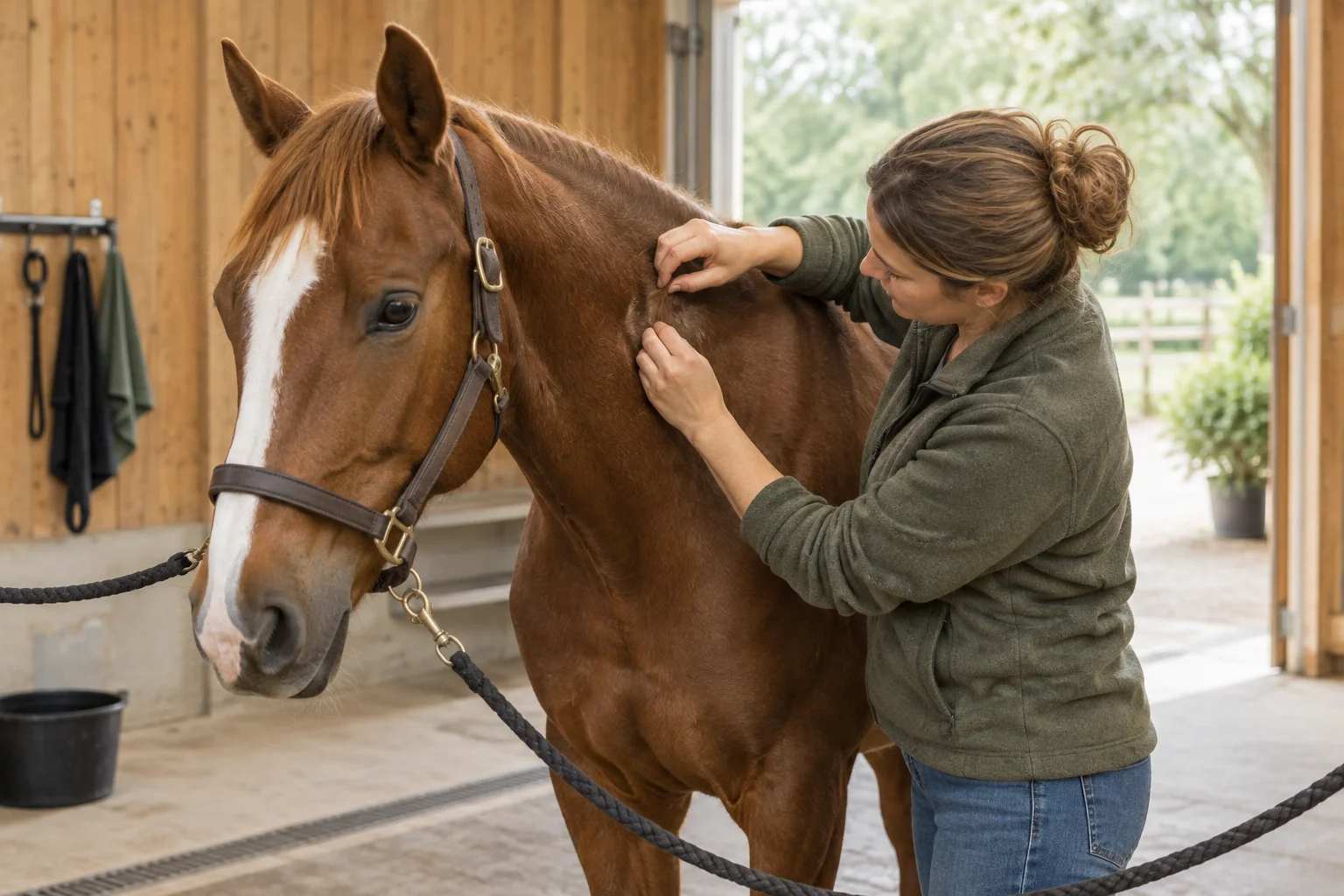 Een vrouw controleert de hals van een bruin paard bij een stal.