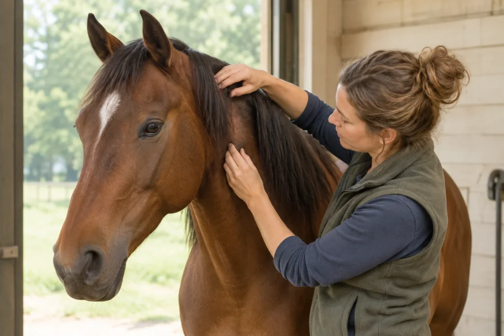 Een vrouw spreidt de manen van een bruin paard om de hals te controleren.