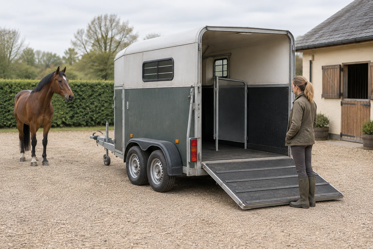 Een lege paardentrailer met neergelaten laadklep staat op een erf. Een vrouw kijkt naar binnen terwijl een bruin paard verderop staat.