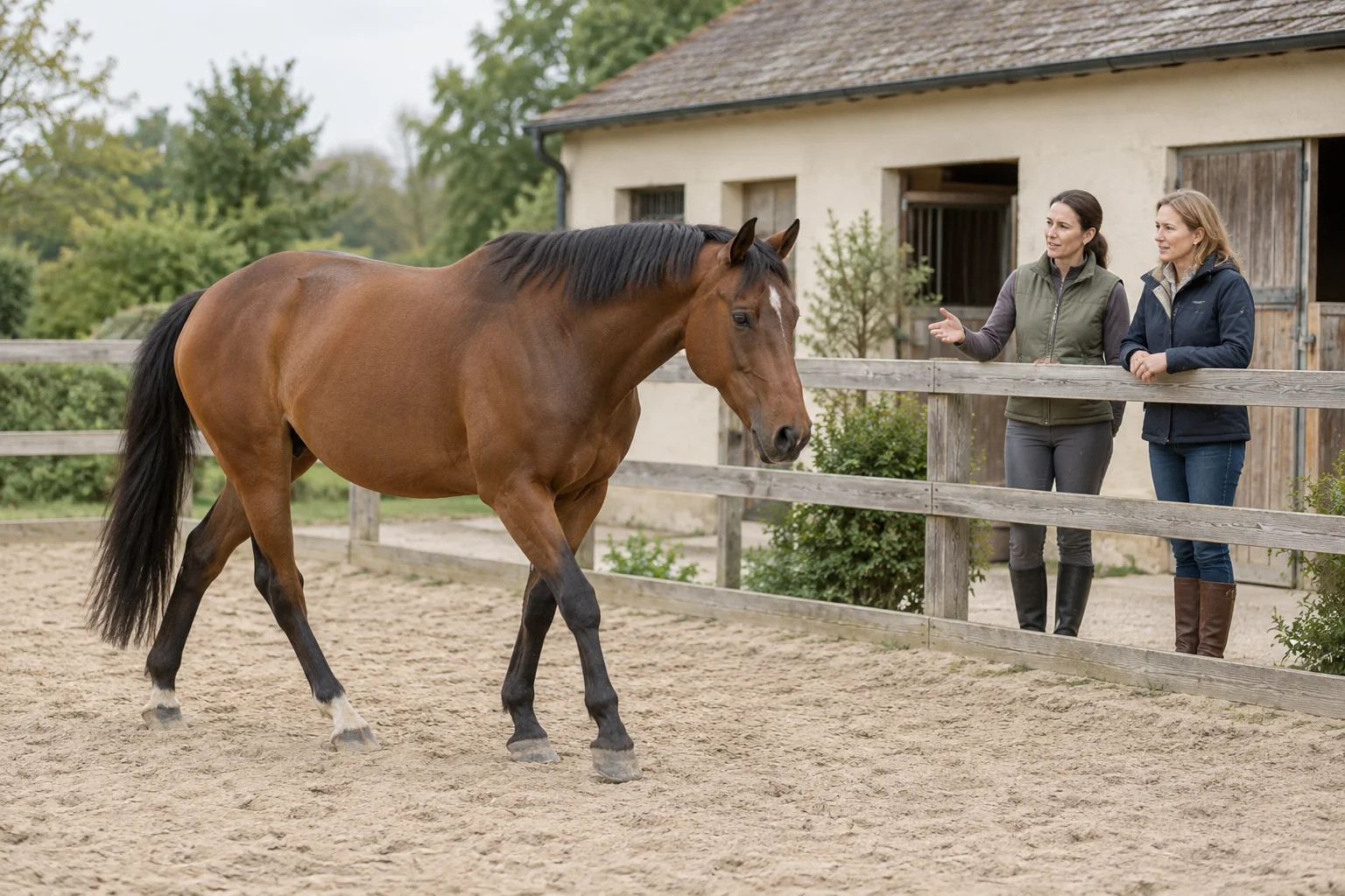 Bruin paard loopt door een rijbak terwijl twee vrouwen bij de omheining met elkaar praten.