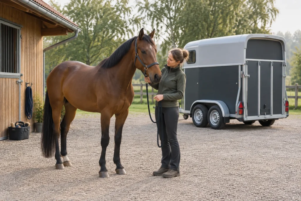 Bruin paard met halster staat naast een begeleider op een erf; achter hen staat een gesloten paardentrailer.
