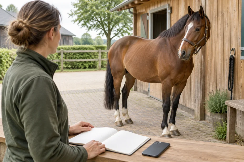 Een paard staat bij een houten stal terwijl een persoon met een leeg notitieboek en een telefoon aan een tafel zit.