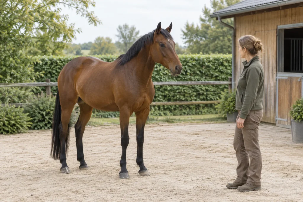Bruin paard staat met alle vier de hoeven zichtbaar op een erf en kijkt naar een persoon bij een houten stal.