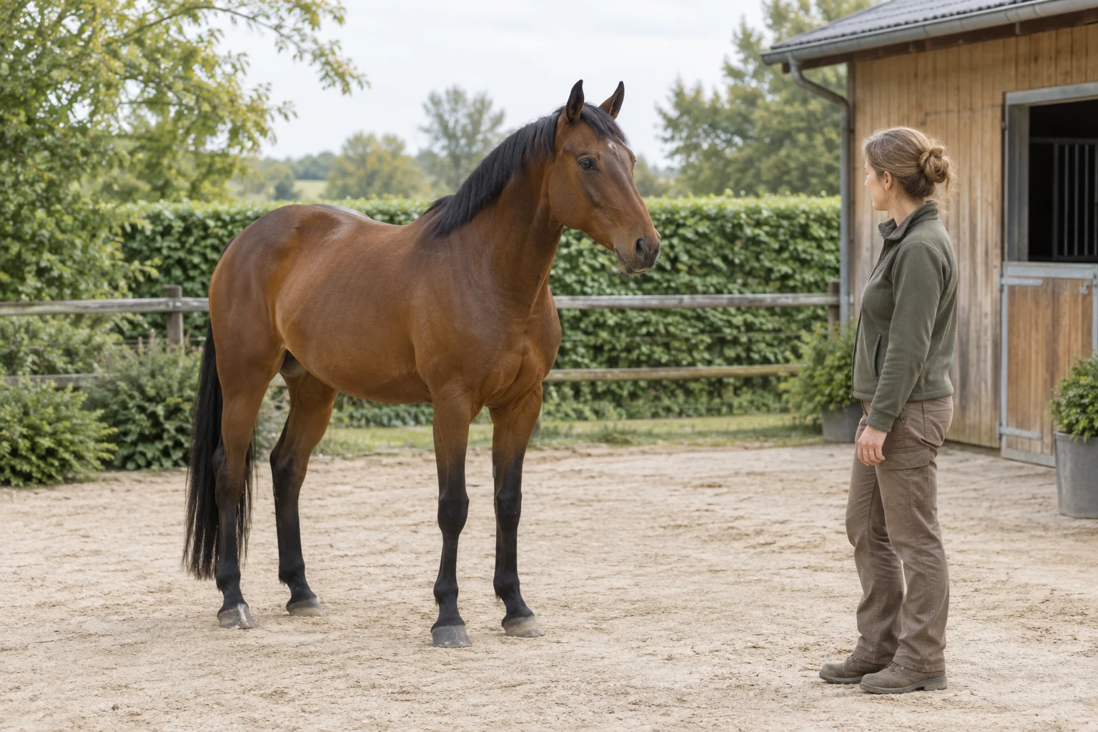 Bruin paard staat met alle vier de hoeven zichtbaar op een erf en kijkt naar een persoon bij een houten stal.