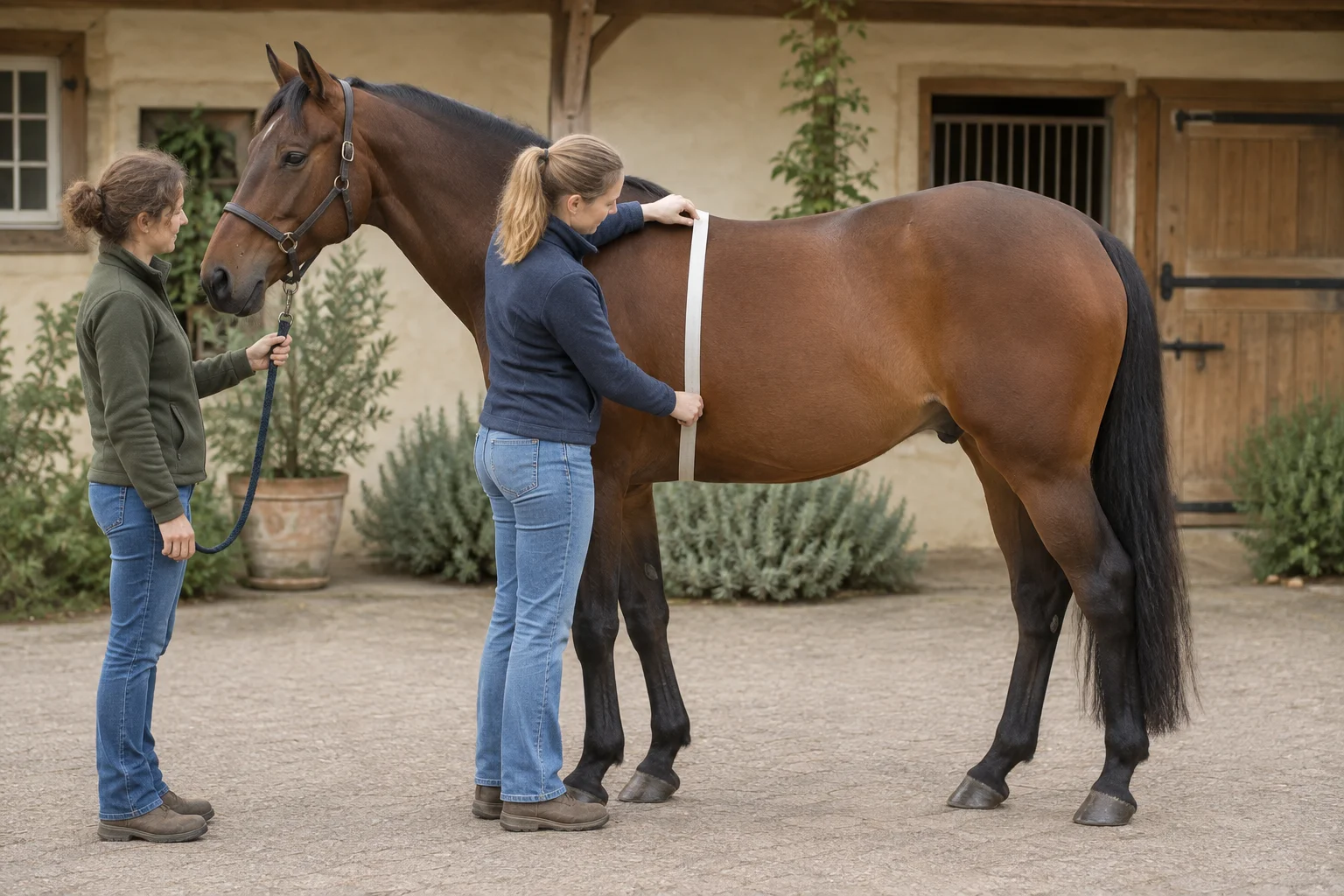 Twee verzorgers staan bij een bruin paard op een erf. Een van hen houdt het paard vast, de ander legt een meetlint rond de borstkas.