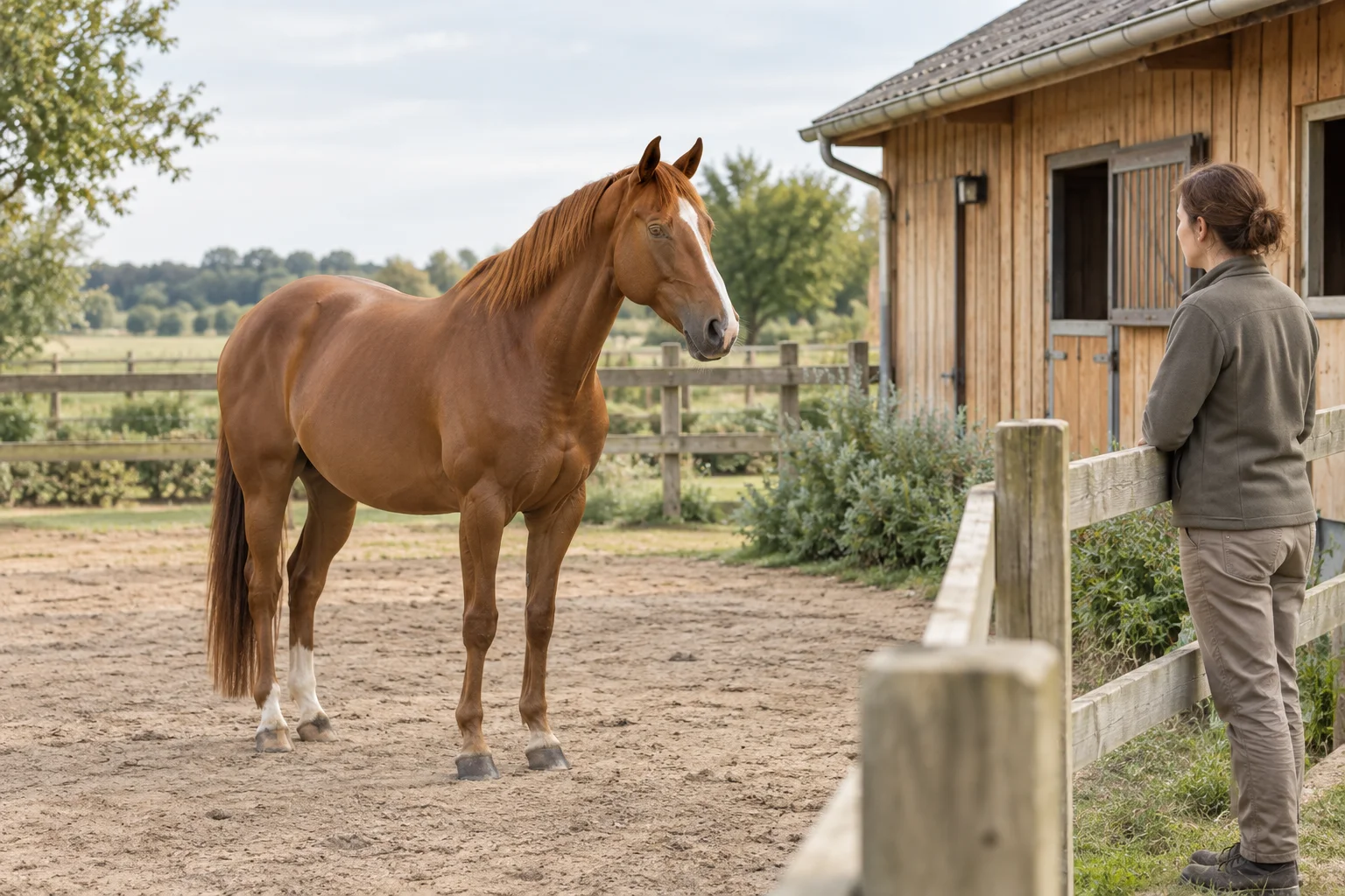 Een voskleurig paard staat in een omheinde paddock terwijl een persoon vanaf het hek naar het paard kijkt. Op de achtergrond staat een houten stal.