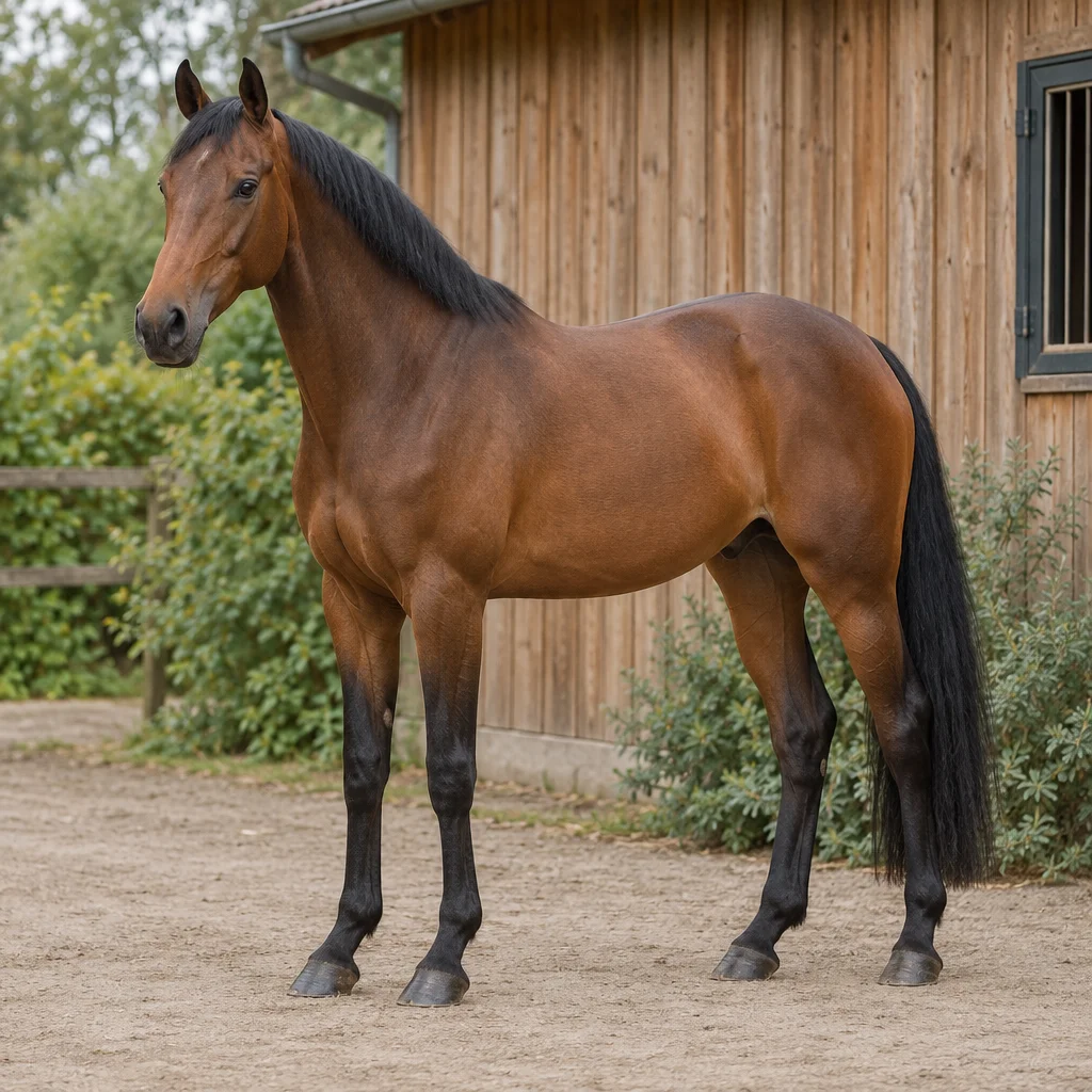 Bruin paard met zwarte manen, staart en onderbenen staat volledig in beeld op een erf naast een houten stal.