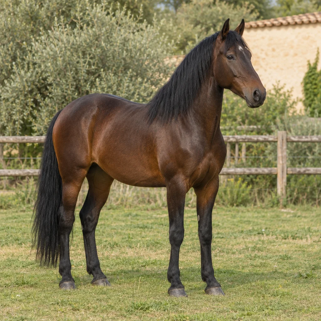Illustratie van een bruin paard met zwarte manen en staart in een omheinde weide.