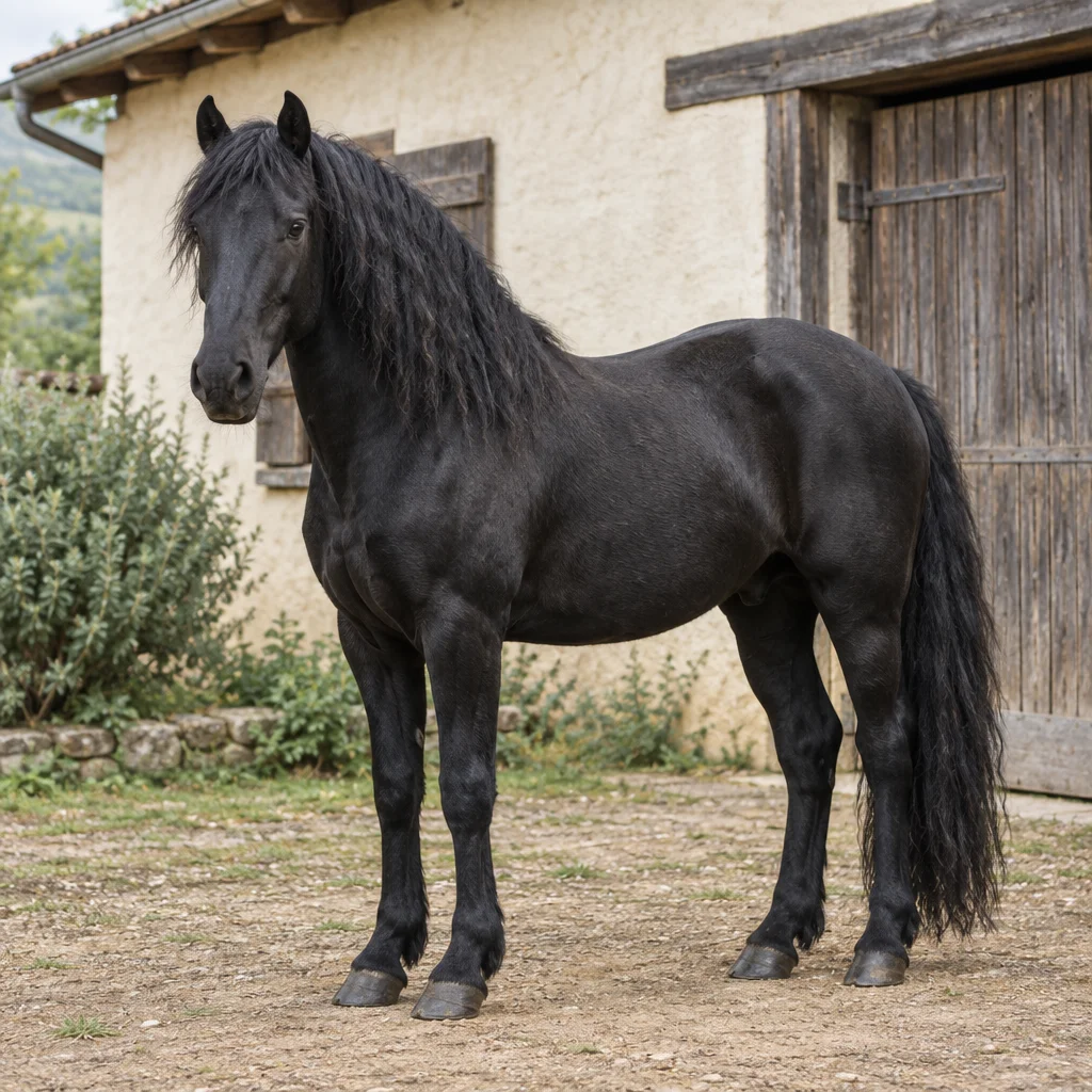 Illustratie van een zwart paard met volle, golvende manen en een stevige bouw bij een stal.
