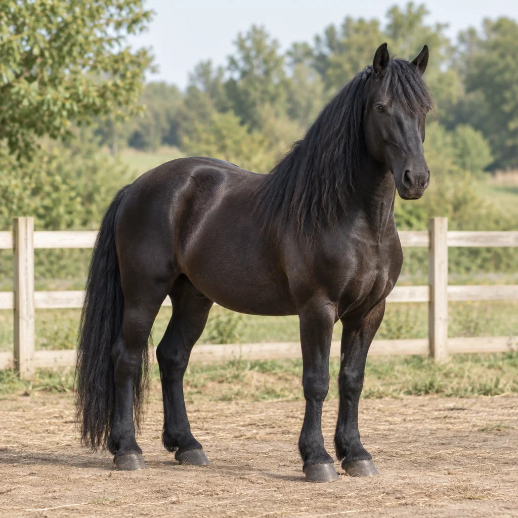 Een zwart paard staat met alle vier de hoeven zichtbaar bij een houten omheining, met bomen op de achtergrond.