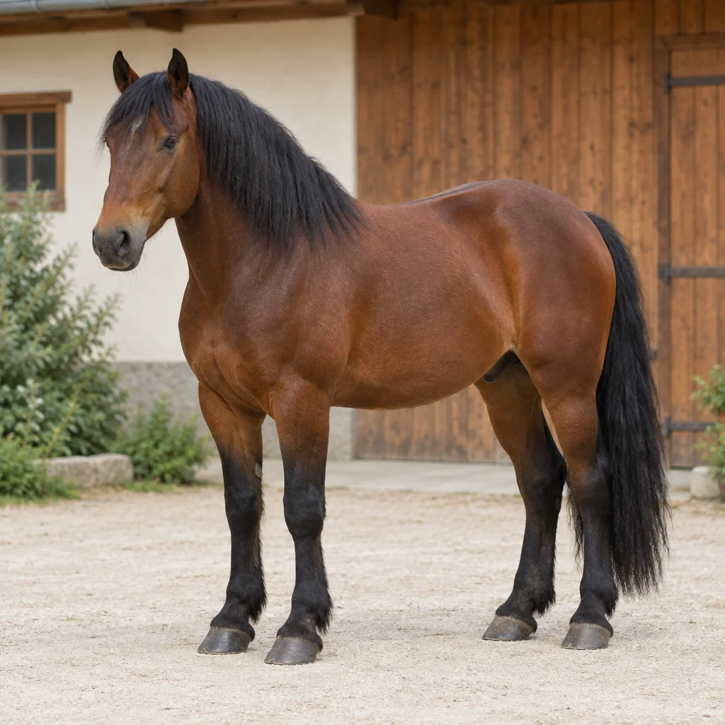 Een stevig gebouwd bruin paard met zwarte manen, staart en onderbenen staat op een erf voor een houten staldeur.
