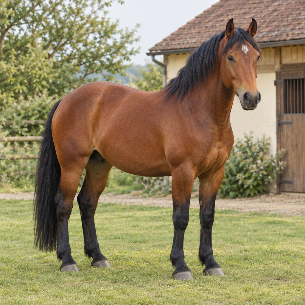 Bruin paard met zwarte manen, staart en onderbenen staat voor een stal; het hele paard is zichtbaar.