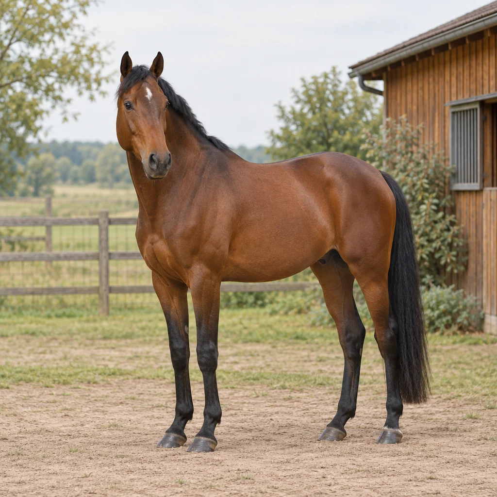 Bruin paard met zwarte manen en staart staat met het hele lichaam zichtbaar voor een houten stal.