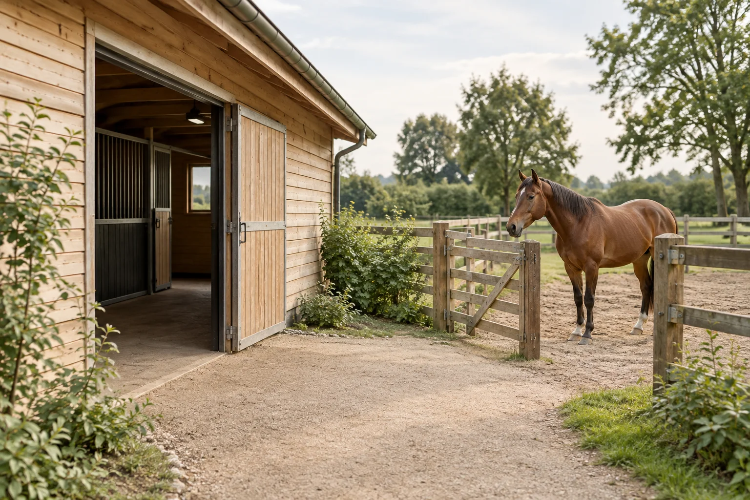 Illustratie van een bruin paard in een omheinde paddock naast een houten paardenstal met open deur.