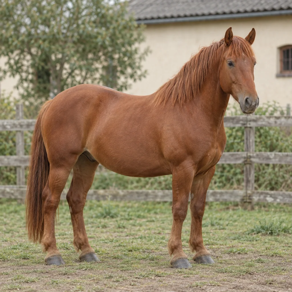 Een kastanjebruin paard staat met alle vier de hoeven zichtbaar in een omheinde weide, met een licht stalgebouw op de achtergrond.