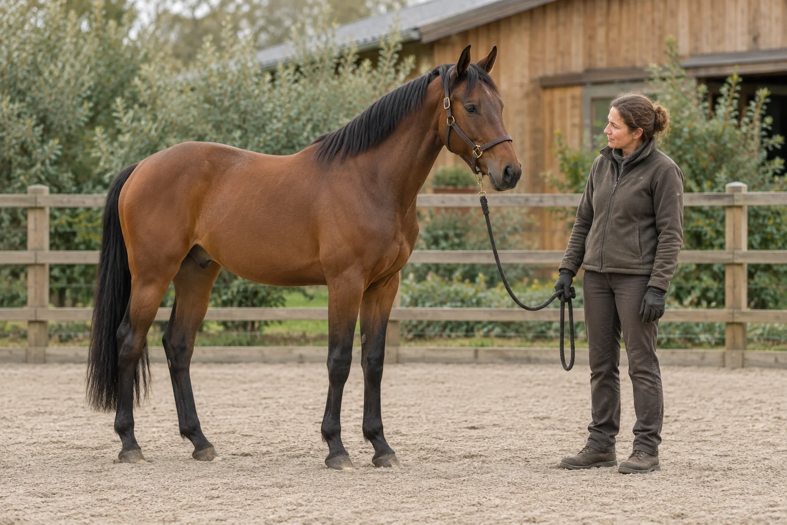 Bruin paard met halster staat naast een vrouw met een los halstertouw in een omheinde rijbak.
