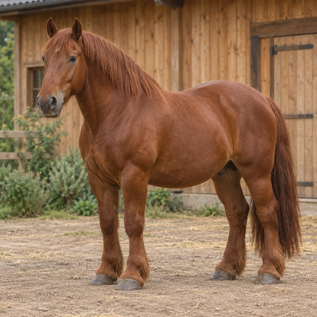 Kastanjebruin, stevig gebouwd paard staat met alle vier de hoeven zichtbaar op een erf voor een houten stal.