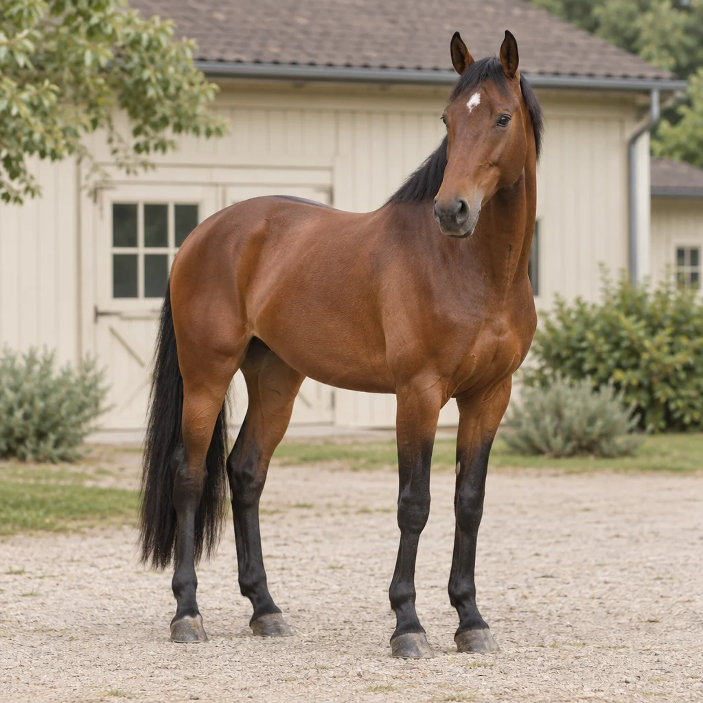 Bruin paard met zwarte manen, staart en onderbenen staat met het hele lichaam zichtbaar voor een lichte stal.